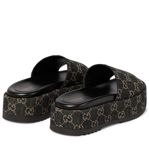 Gucci: Denim GG Supreme Angelina Jacquard Black Slide Sandals - Picture 7 of 8